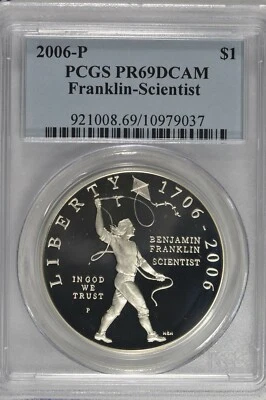 2006 P Ben Franklin Scientist Silver Dollar Commemorative PCGS PR 69DCAM - Image 1 of 2