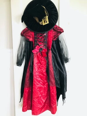 Disfraz de Bruja Halloween Talla 7-8 Conjunto Completo Vestido Rojo y Negro + Sombrero Capa *Defecto Foto 1 de 4