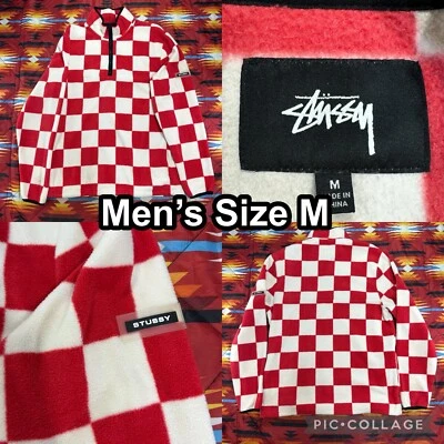 Stussy Soft Sherpa Fleece Checker 1/4 Zip Pullover White Red Men’s Size Medium - Image 1 of 4