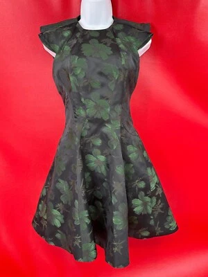 Alexander McQueen Brocade Black Green Cocktail Fit Flare Mini Dress Sz 38 US XS - Image 1 of 4