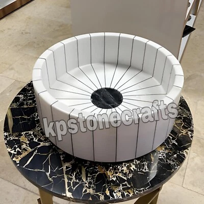 Lavabo de mármol blanco con líneas de incrustación negra - Rayos de lujo (16"X16") Foto 1 de 4