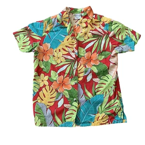 Go Barefoot Top Womens XS  Red Green Yellow Floral Hawaiian Hibiscus Monstera - Picture 1 of 4