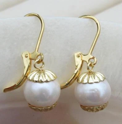 Natural AAA 9-10mm Round South Sea White Pearl Dangle Earrings 14k Gold P Hook - Image 1 of 4