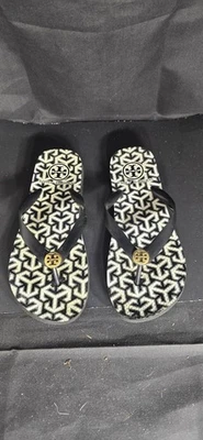 Tory Burch Women's Flip Flops Sandals Black White Gold Geometric Size 9/9.5  - Image 1 of 4