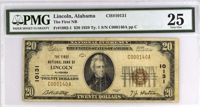 1929 $20 Lincoln Alabama First National Bank PMG 25 RARE 4 Known - Image 1 of 2