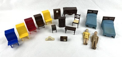 Renwal Dollhouse Furniture Lot, & 2 Dolls, Radios, Desks, Beds, READ, Free Ship - Image 1 of 4