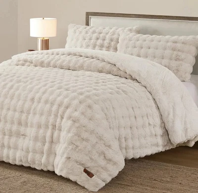 FRYE KING Luxury Bubble Faux Fur Comforter 3 Piece King Set, Cream  - Reversible - Image 1 of 4