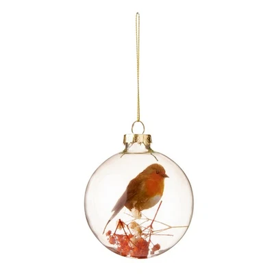 Christmas Robin Bauble with Foliage 80mm Glass Tree Decoration - Image 1 of 2
