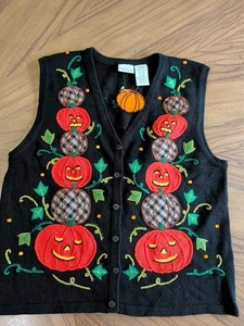 Bobbie Brooks Halloween Pullover Weste Damen Größe 14 mit 16 W Kürbisse Geister schwarz - Bild 1 von 6