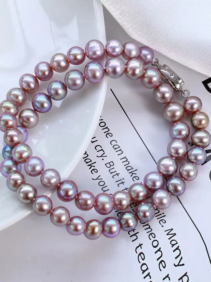 великолепный 9-10 мм Южное море круглый лаванда жемчуг ожерелье 18 дюймов 925s - Изображение 1 из 3