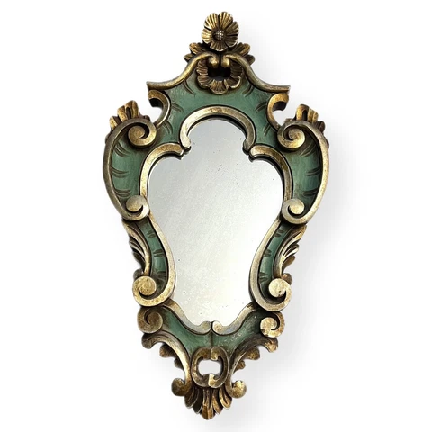 Antique Vintage Carved Wood Mirror Ornate Green Silver Baroque Italian Cover