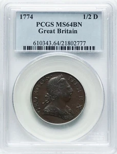 GREAT BRITAIN GEORGE III 1774 HALF PENNY, UNCIRCULATED, PCGS CERTIFIED MS64-BN - Picture 1 of 3