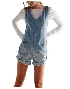 Denim Romper for women Sleeveless Jean Short Overalls X-Large Light Blue - Picture 1 of 8
