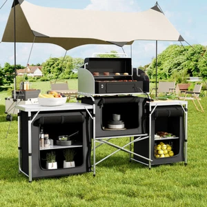 Folding Camping Cupboard Kitchen Units with Storage Compartments and Windshield - Picture 1 of 17