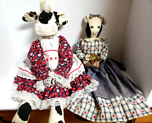 2-Hand Crafted Cow Dolls ~ Folk Art/ Farm House Decor Dolls 23” & 27" Set Of Two