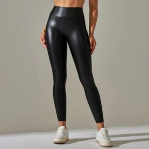 Women PU Leather Yoga Pants Solid Black Sports Pants Hips Push Up Gym Leggings - Picture 1 of 30