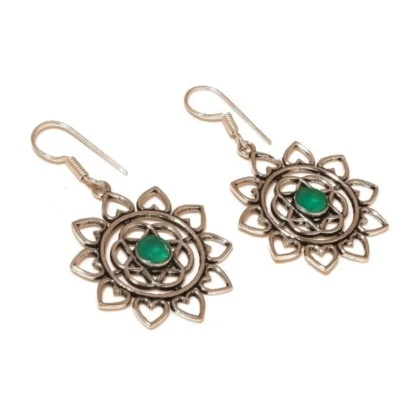 Russian Green Onyx Gemstone Handmade Light Oxidized Heart Flower Dangle Earrings - Image 1 of 3