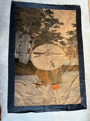 Tenture japonaise ancienne velours Birodo signée – Femmes & ombrelle – Meiji - Photo 1/4
