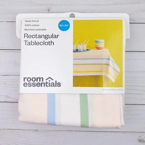 Fabric Tablecloth 60x84 Cotton Classic Stripe Peach Blue Green Yellow - Picture 1 of 2