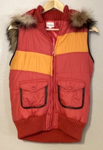 Vintage Modbe Puffer Vest Womens L 12/14 Hood Fur Trim Pink Orange Colorblock - Picture 1 of 7
