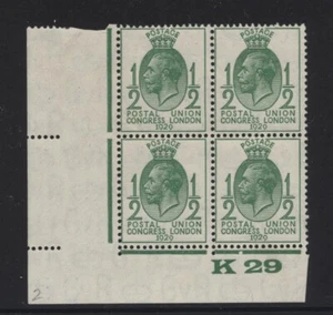1929 ½d GREEN POSTAL UNION CONGRESS U/MINT CONTROL BLOCK OF FOUR. SG 434 - Picture 1 of 1