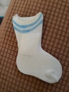 White W/blue Stripes Doll Socks 3" Foot 3 1/2" Tall Single Pair 15 To 18" Doll - Picture 1 of 2