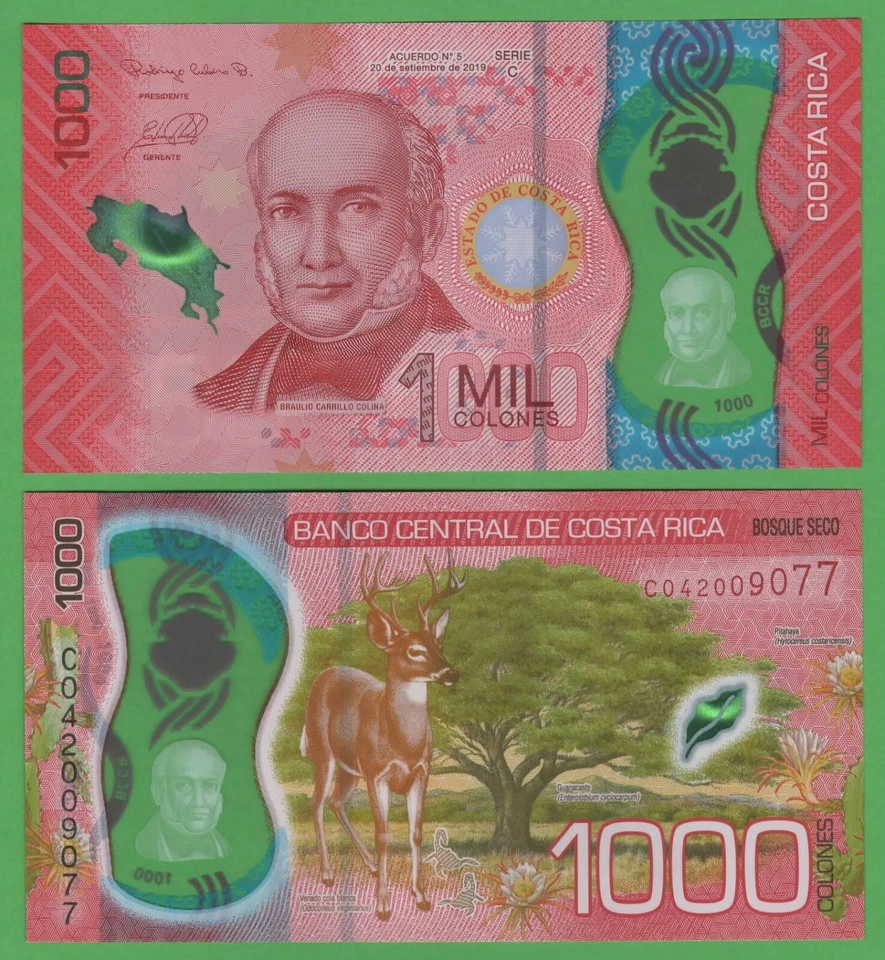 Billete de polímero Costa Rica 1.000 colones 2019 P-280 UNC ciervo cola blanca Foto 1 de 1