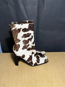 VTG 00s Genuine Cow Print Leather Cowboy Western Boots Y2K Heels Size 9 - Picture 1 of 7