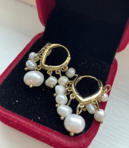 Gold Plated Freshwater Pearl Molten Huggie Hoop Earrings - Picture 1 of 7