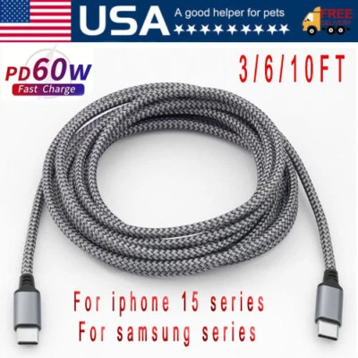 60W USB-C to USB-C Cable Fast Charger TypeC PD Nylon Cord For iPhone 15 Samsung  - Image 1 of 4