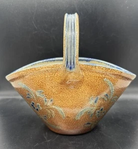 Pottery brown basket w blue flowers Salt Glazed StoneWare - Picture 1 of 8