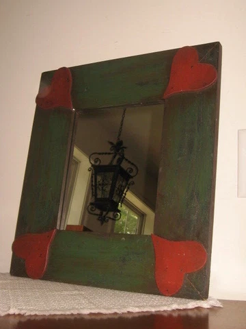 New Restorations Wall Mirror Green Wood Frame 18"x16" Red Valentine Hearts Cover