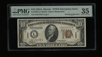 DBR 1934-A $10 FRN Hawaii LA Block Fr. 2303 PMG 35 Serial L66121071A - Image 1 of 2