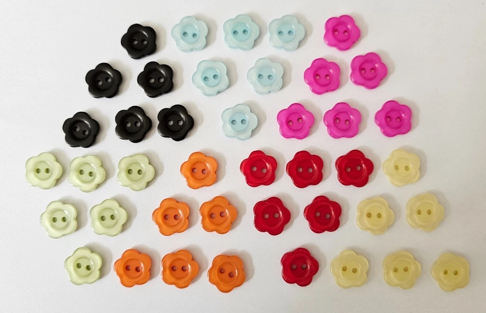 42 Flower Shape Buttons 7 Colours with 6 of Each Colour Size 15mm Resin Material - Image 1 of 4