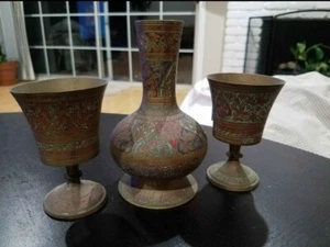 Vintage Brass India Vases with Etched Flowers & Leaves Islamic Cup 5.5” & 3” - Picture 1 of 1