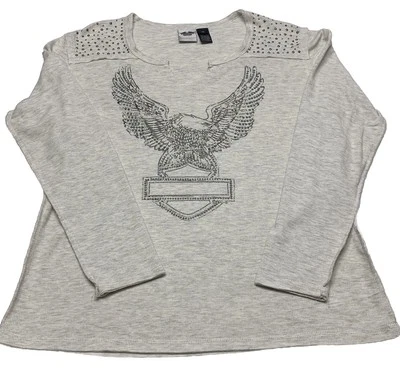 Harley Davidson Split Neck Long Sleeve Waffle Knit Studded Top Sz XL- NEARLY NEW Foto 1 de 4