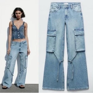 Zara TRF Belt Loop Cargo Jeans Denim 8197/337/400 in Wash Blue Sz 38 US 6 NWT - Picture 1 of 10