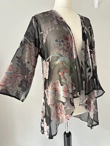 Dreamkeeper Black Pink Green Floral Velvet Beaded Cardigan Jacket Kimono S M - Picture 1 of 21