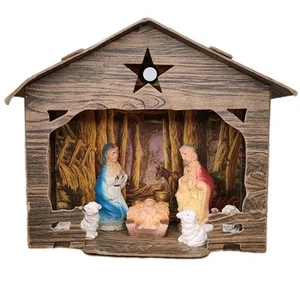 Vintage 50's Christmas Cardboard Creche Nativity Stable With Figures Mary Joseph - Picture 1 of 20