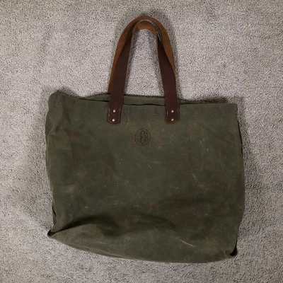 LL Bean Waxed Cotton Leather Handle Boat Tote Bag Green Large Embroidery - Image 1 of 4