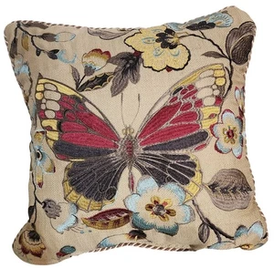 Croscill Decorative Butterfly Throw Pillow 14"x14" Beige With Embroidered Floral - Picture 1 of 5
