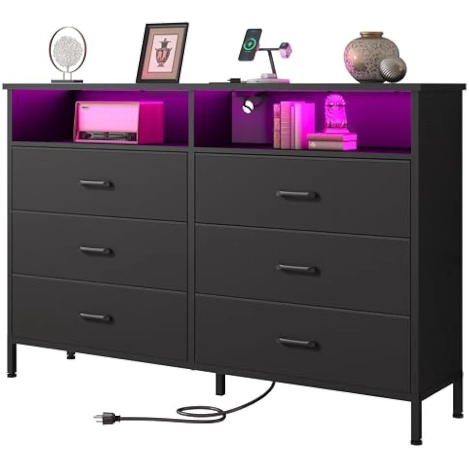 Cómoda para Dormitorio, Tela Negra Cómoda de Dormitorio con Luces LED y  Foto 1 de 1