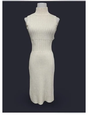 Vintage MODA International Cream Sleeveless Ribbed Mock Neck Midi Sweater Dress - Image 1 of 4
