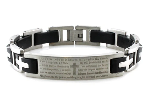 Pulsera religiosa de acero inoxidable The Lords Prayer ID color goma para hombre 8,5" Foto 1 de 1