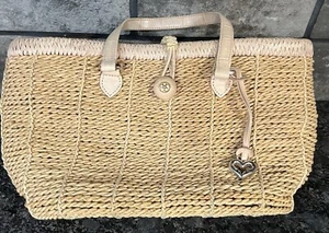 BRIGHTON Mina Flower Wood Button Straw & Woven Handbag Cream Leather Handle - Picture 1 of 10