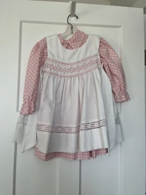 Vintage Polly Flinders Size 6x Hand Smocked Dress Pink Checkered Collar Apron - Image 1 of 4