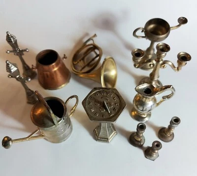 Lot Vint. Brass Dollhouse Miniatures Sundial Candlestick Candelabra French Horn - image 1 of 4