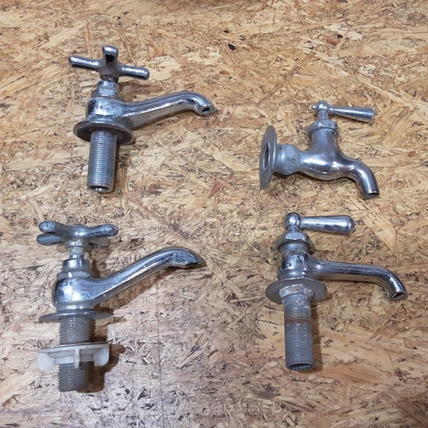 LOT OF 4 Vintage Single Handle Sink chrome Plated Brass Faucet Spigots 2 CROSS Cover