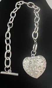 Toggle Bracelet Puffy Dangle Heart Rhinestones One Side & Openwork Reverse - Picture 1 of 14