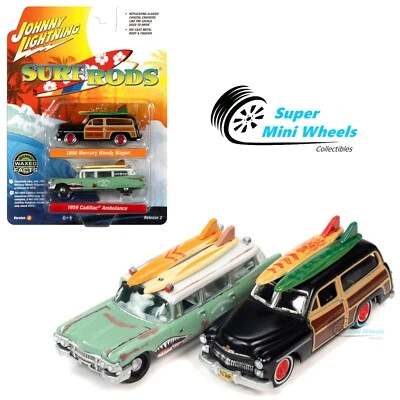Johnny Lightning 2 Pack - Surf Rods 1950 Mercury Wagon & 1959 Cadillac Ambulance - Image 1 of 2
